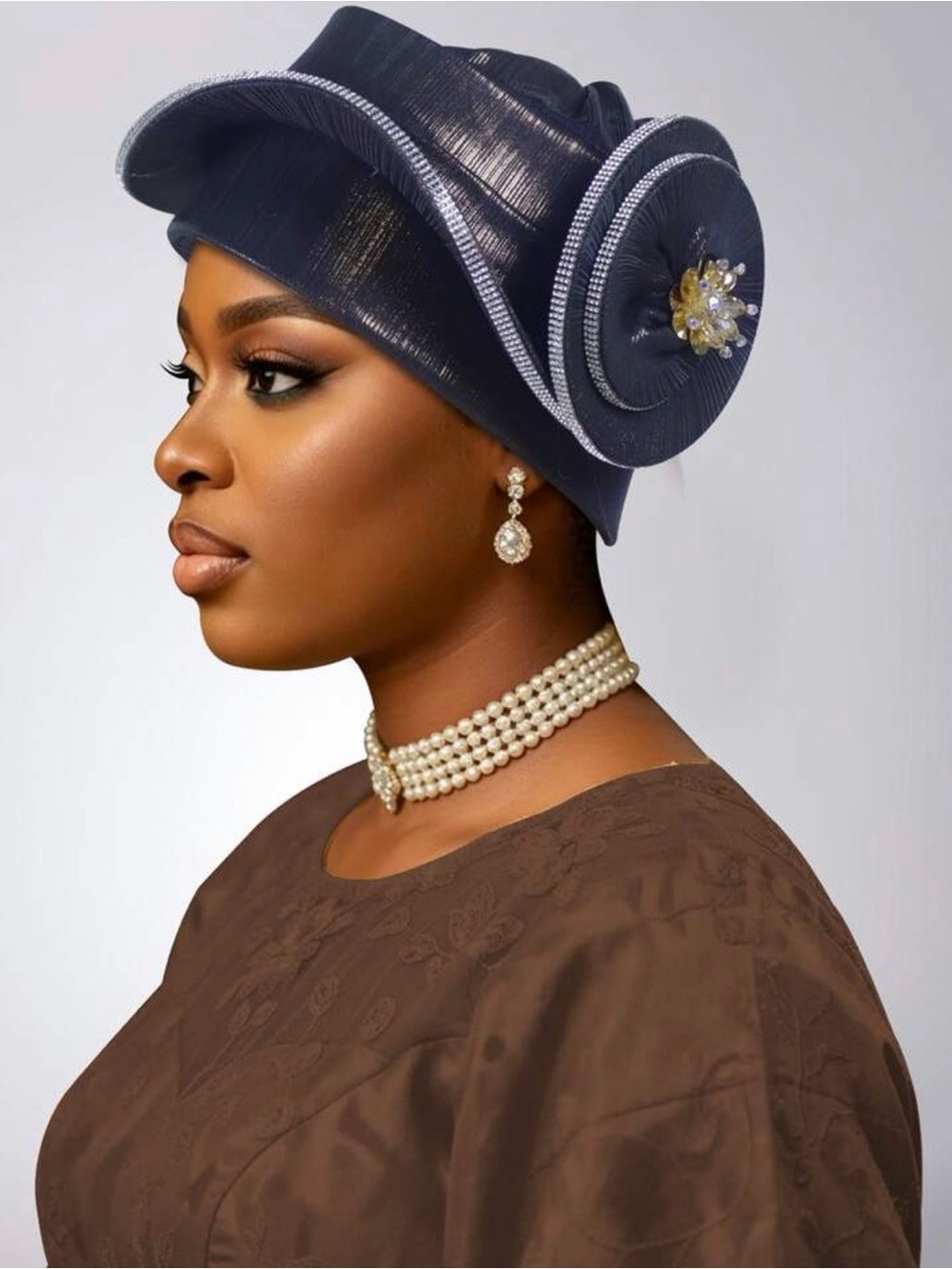 1pc Black African Gele Headwrap With Rhinestone Trim, Nigerian Turban For Women
